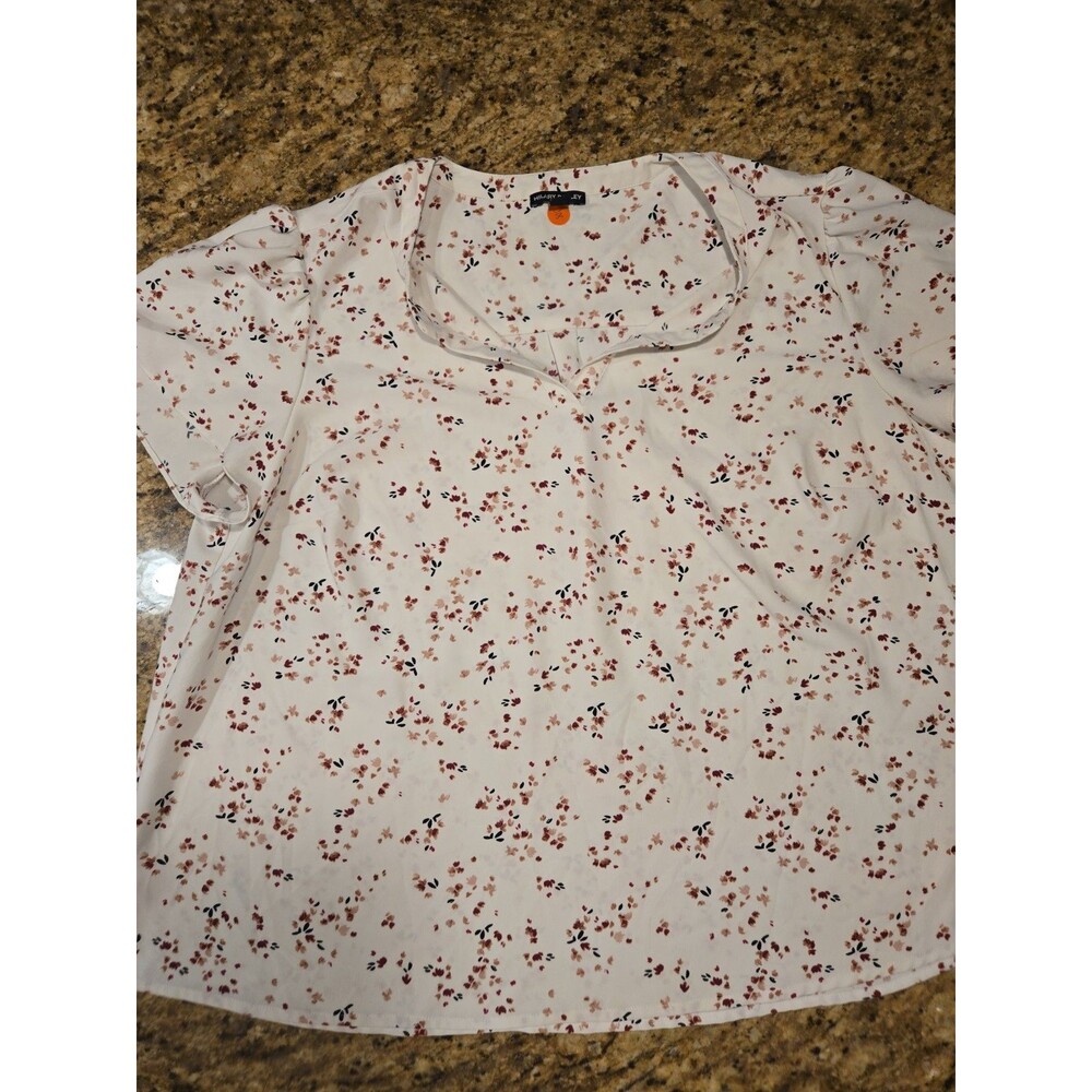 Hilary Radley White Burgundy Floral Split V-Neck Flutter Sleeve Blouse XXL